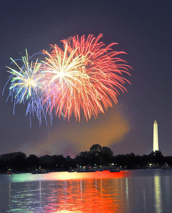 Fireworks Art Print featuring the photograph Red White And Blue Over The Potomac by Steven Barrows