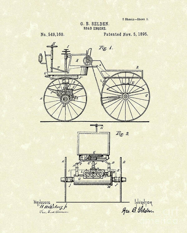Selden Art Print featuring the drawing Road Engine 1895 Patent Art by Prior Art Design