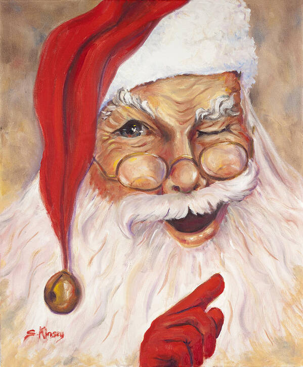 Santa Art Print featuring the painting Santa Winking I by Sheila Kinsey