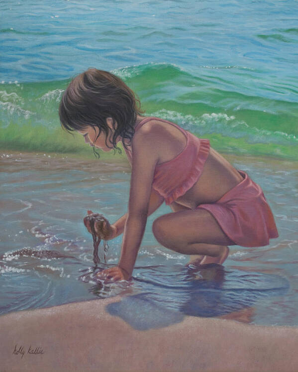 Child At The Seashore Art Print featuring the painting Secrets of the Sea by Holly Kallie
