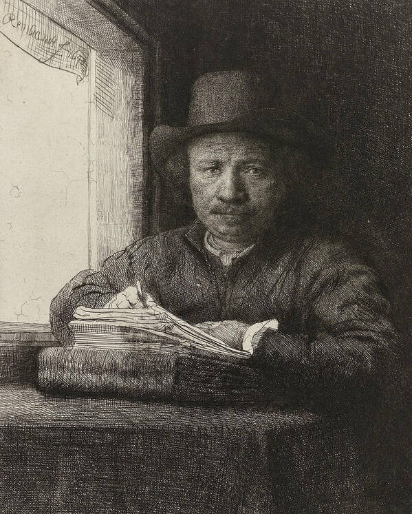 Black And White Art Print featuring the drawing Self-portrait etching at a window by Rembrandt