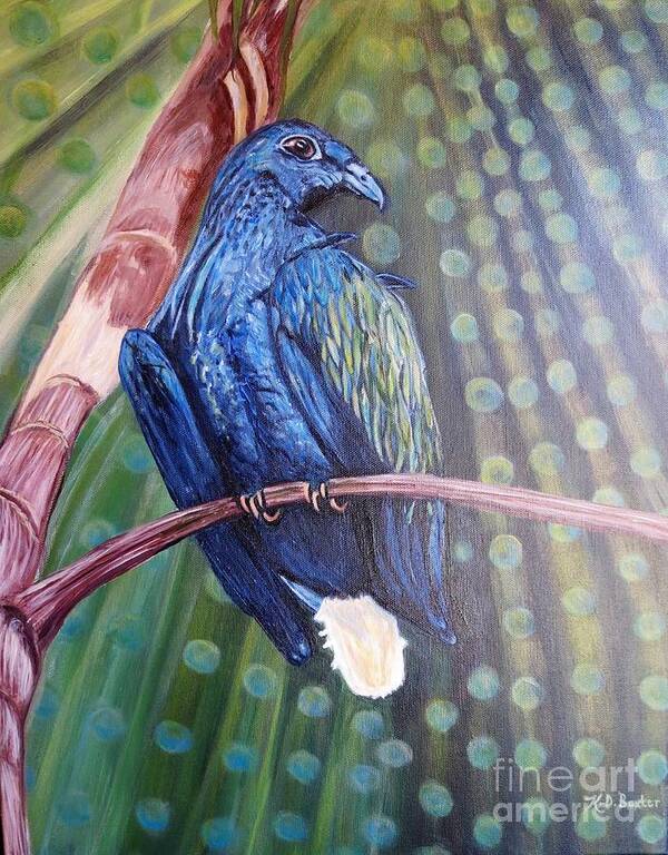 Nature Scene Bird Paintings Blue Pigeon Nicobar Pigeon Tree Perched On A Tree Limb Special Lighting Effect With Light Refracted Into Circles Acrylic Paintings Iridescent Circles Of Light Bokeh Effects Art Print featuring the painting Showered with the Light of His Creation by Kimberlee Baxter