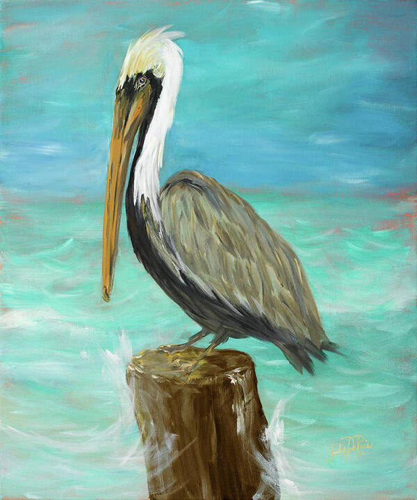 Single Art Print featuring the painting Single Pelican On Post by Julie Derice