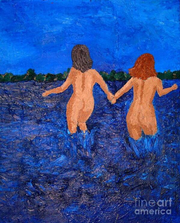 Olipainting Art Print featuring the painting Sisters bathing by Susanne Baumann