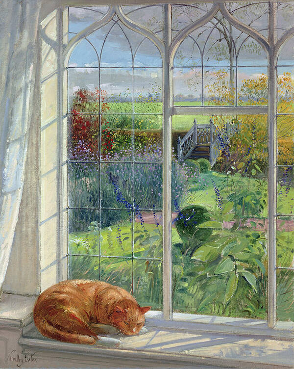 Windowsill Art Print featuring the painting Sleeping Cat And Chinese Bridge Oil On Canvas by Timothy Easton