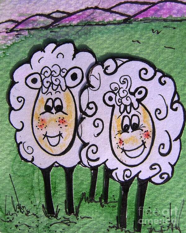 Sheep Art Print featuring the painting Ewe and me smiling by Mary Cahalan Lee - aka PIXI