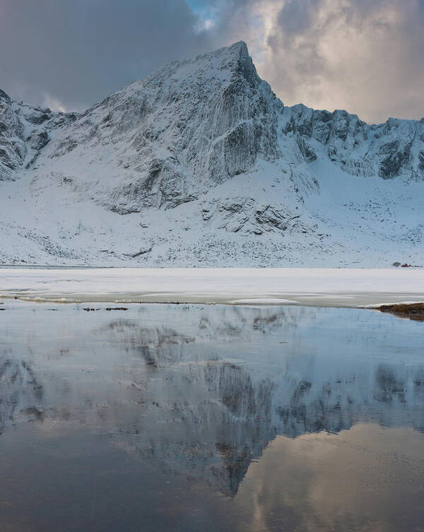 Snow Art Print featuring the photograph Snow Covered Mountain Reflected In Lake by © Peter Boehi