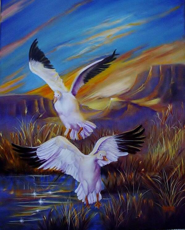 Birds Art Print featuring the painting Snow Geese by Sherry Strong