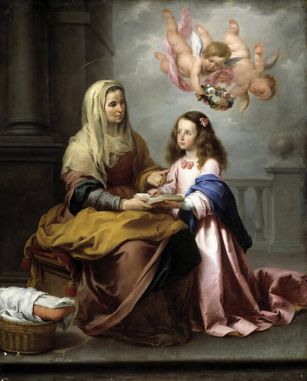Bartolome Esteban Murillo Art Print featuring the painting St. Anne teaching the Virgin to read by Bartolome Esteban Murillo