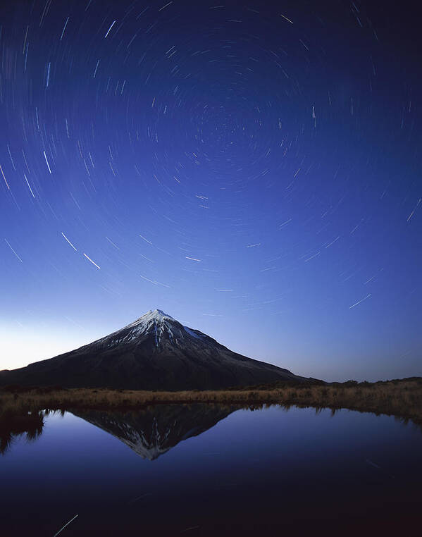 Feb0514 Art Print featuring the photograph Star Trails Over Mt Taranaki New Zealand by Harley Betts