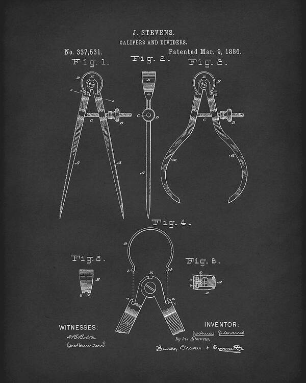 Stevens Art Print featuring the drawing Stevens Calipers And Dividers 1886 Patent Art Black by Prior Art Design