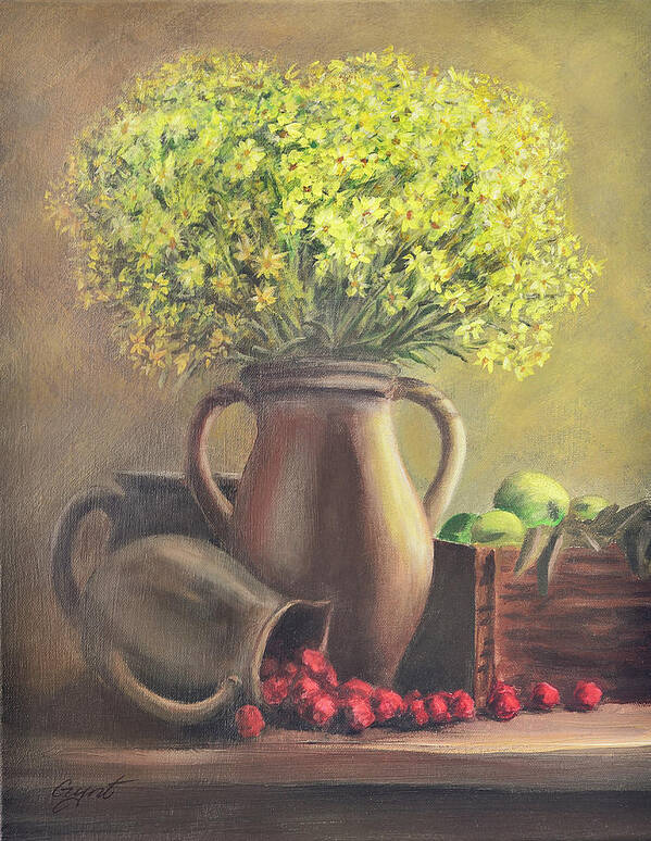 Still Life Art Print featuring the painting Still Life with Flowers and Fruits by Gynt Art