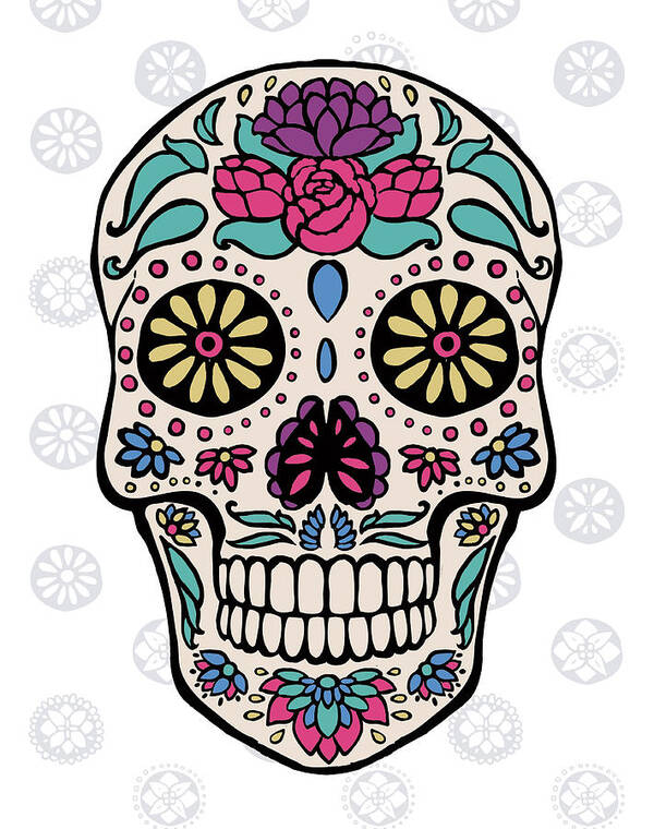 Background Art Print featuring the painting Sugar Skull IIi On Gray by Janelle Penner