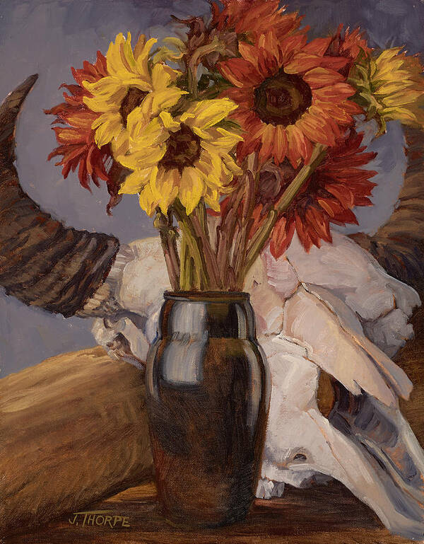 Sunflowers Art Print featuring the painting Sunflowers and Buffalo Skull by Jane Thorpe