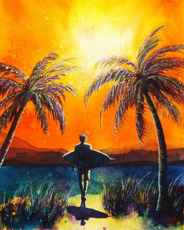 Surfer Art Print featuring the painting Sunset Surfer by Nelson Ruger