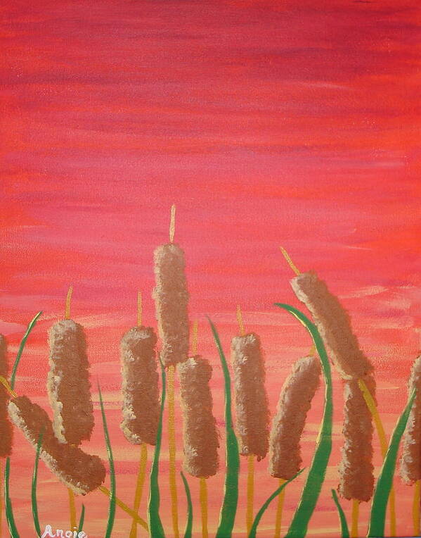 Landscape Art Print featuring the painting Sunst Cattails by Angie Butler