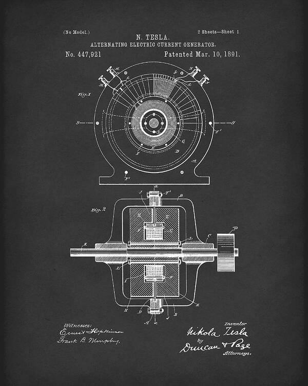 Tesla Art Print featuring the drawing Tesla Generator 1891 Patent Art Black by Prior Art Design