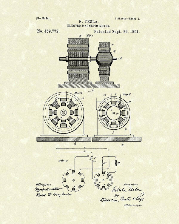 Tesla Art Print featuring the drawing Tesla Motor 1891 Patent Art by Prior Art Design