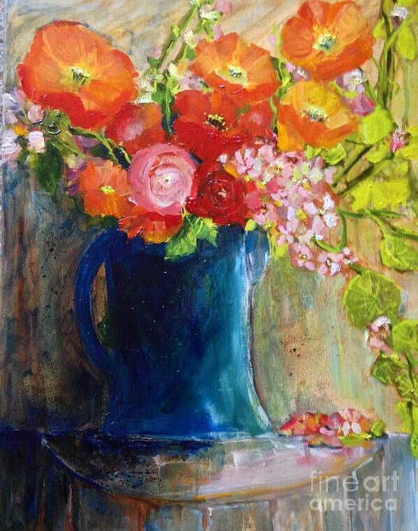 Red Poppies Art Print featuring the painting The Blue Jug by Sherry Harradence
