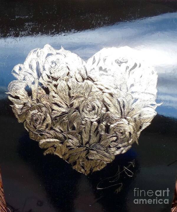 The Flower Heart Scratch Board In Lay With Gold Ten Foil Art Print featuring the mixed media The flower heart by Franky Hicks