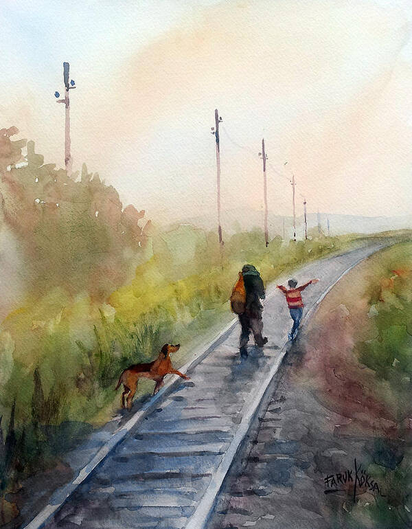 Railway Art Print featuring the painting The Railway Children by Faruk Koksal