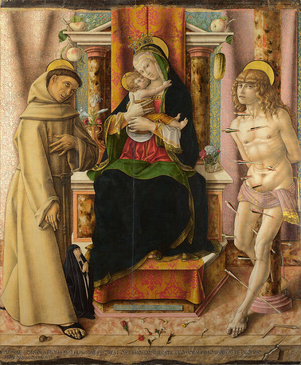 Carlo Crivelli Art Print featuring the painting The Virgin and Child with Saints Francis and Sebastian by Carlo Crivelli
