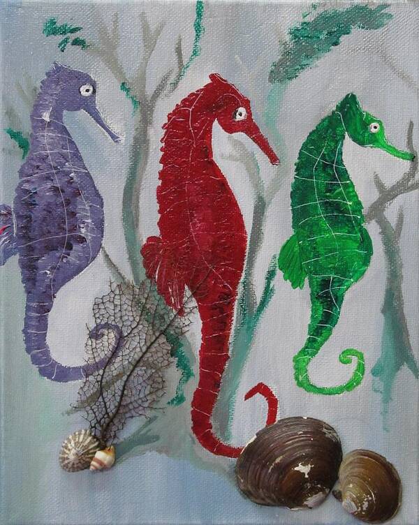 Seahorses Art Print featuring the painting Three for One by Susan Voidets