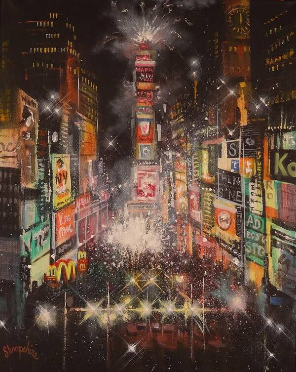  Ball Drop Art Print featuring the painting Times Square New Years Eve by Tom Shropshire
