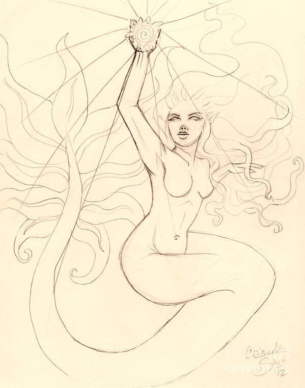 Mermaid Art Print featuring the drawing ...To Catch A Falling Star... Sketch by Coriander Shea