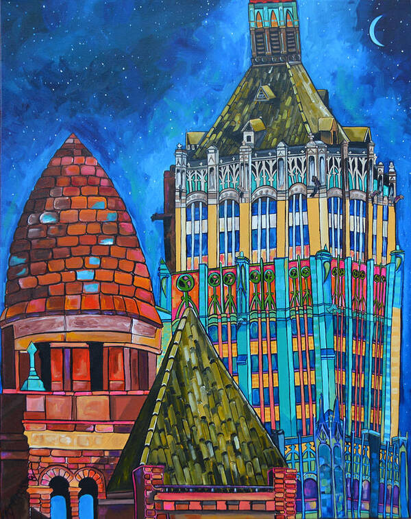 San Antonio Skyline Art Print featuring the painting Tower of Life Building and Courthouse by Patti Schermerhorn