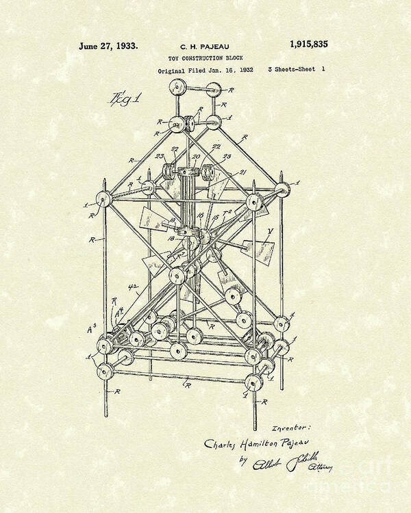 Pajeau Art Print featuring the drawing Toy Blocks 1933 Patent Art by Prior Art Design