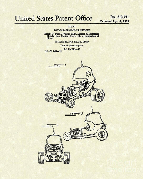 Daniel Art Print featuring the drawing Toy Car 1969 Patent Art by Prior Art Design