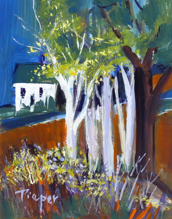 White Farm House Art Print featuring the painting Trees and White Farm House by Betty Pieper