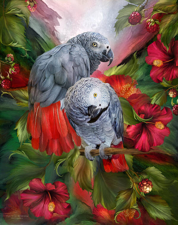 Parrot Art Print featuring the mixed media Tropic Spirits - African Greys by Carol Cavalaris
