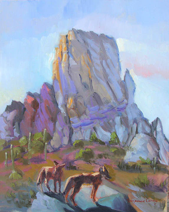 Southwest Art Art Print featuring the painting Tucson Butte with two coyotes by Suzanne Giuriati Cerny