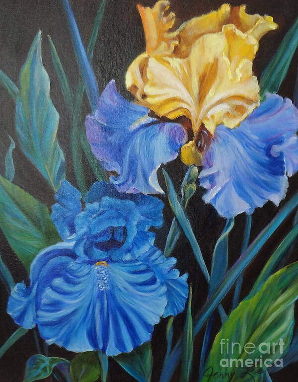 Blue Iris Art Print featuring the painting Two Fancy Iris by Jenny Lee