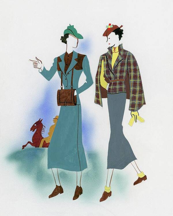 Illustration Art Print featuring the digital art Two Fashionable Women Walking In Park by Raymond de Lavererie