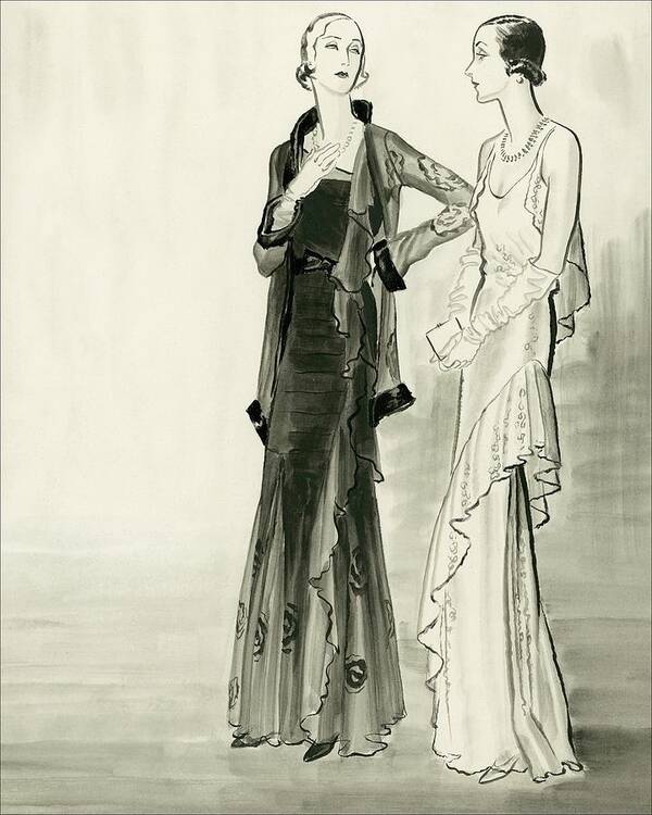 Fur Art Print featuring the digital art Two Fashionable Young Women Wearing Evening by Rene Bouet-Willaumez