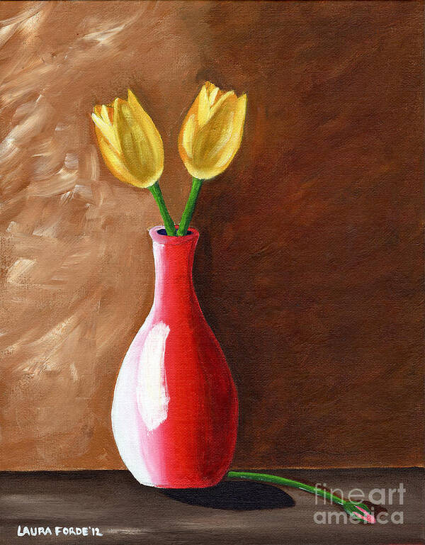 Still Life Art Print featuring the painting Two Tulips and A Pink Rose by Laura Forde