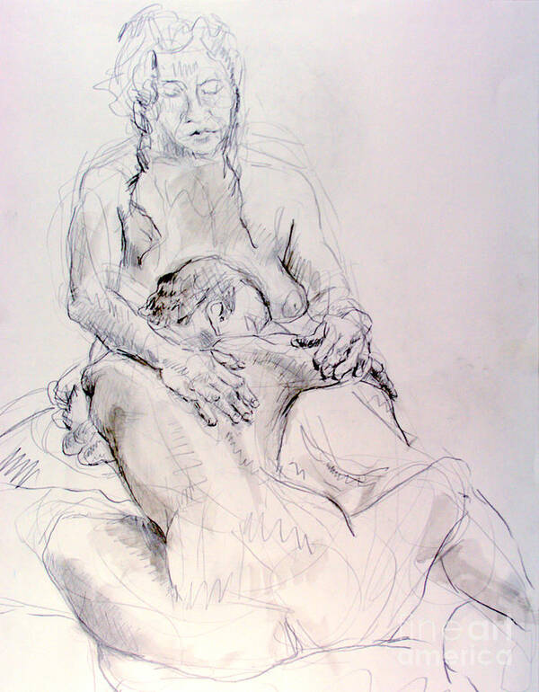 Andy Gordon Art Print featuring the drawing Two woman embraceing by Andy Gordon
