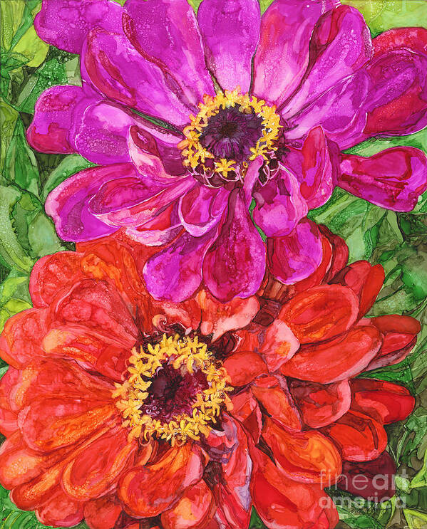 Floral Art Print featuring the painting Two Zinnias by Vicki Baun Barry