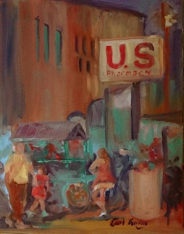 Mexico Street Scene Art Print featuring the painting US Pharmacy by Carol Berning