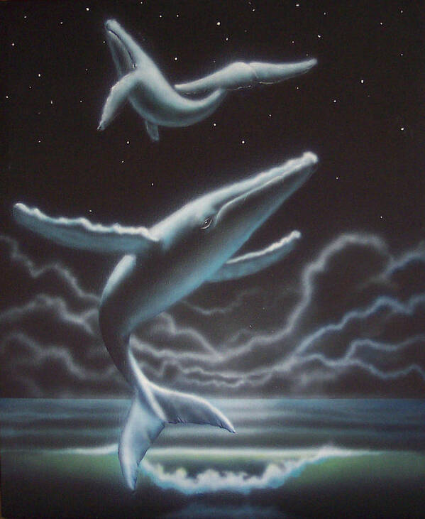 Whales Art Print featuring the painting Whales in the Sky by Philip Fleischer
