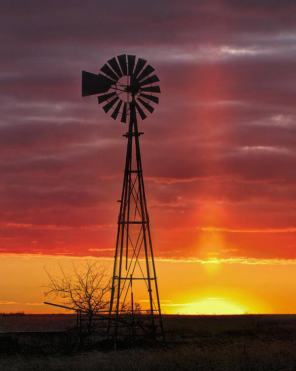 Kansas Art Print featuring the photograph Windmill and Light Pillar by Rob Graham