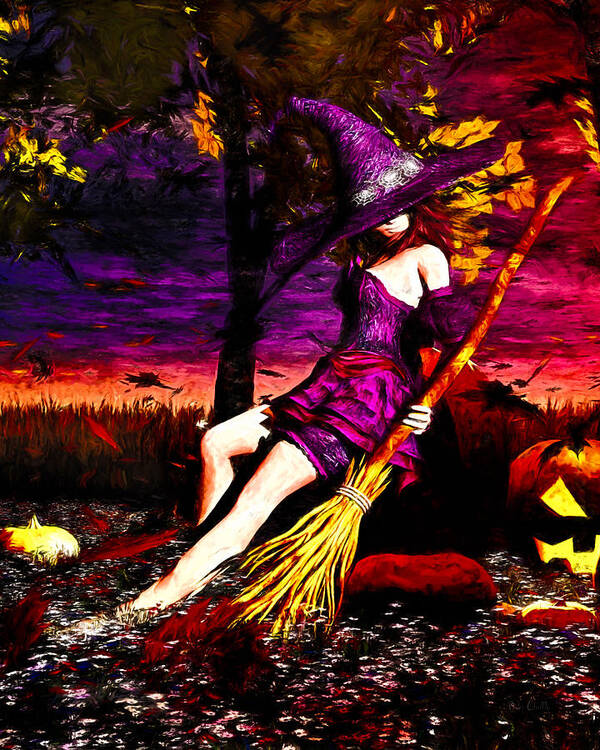 Pumpkin Patch Art Print featuring the painting Witch in the pumpkin patch by Bob Orsillo