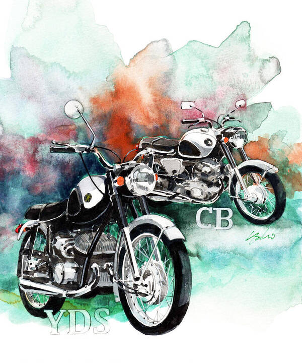 Yamaha Yds And Honda Cb72 Art Print featuring the painting Yamaha YDS and Honda CB72 by Yoshiharu Miyakawa