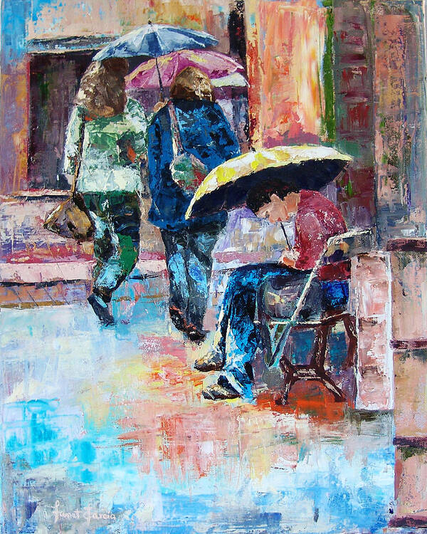 Raining Art Print featuring the painting Yellow Umbrella by Janet Garcia