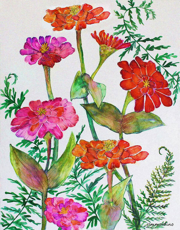 Zinnia Art Print featuring the painting Zinnia and Ferns by Janet Immordino
