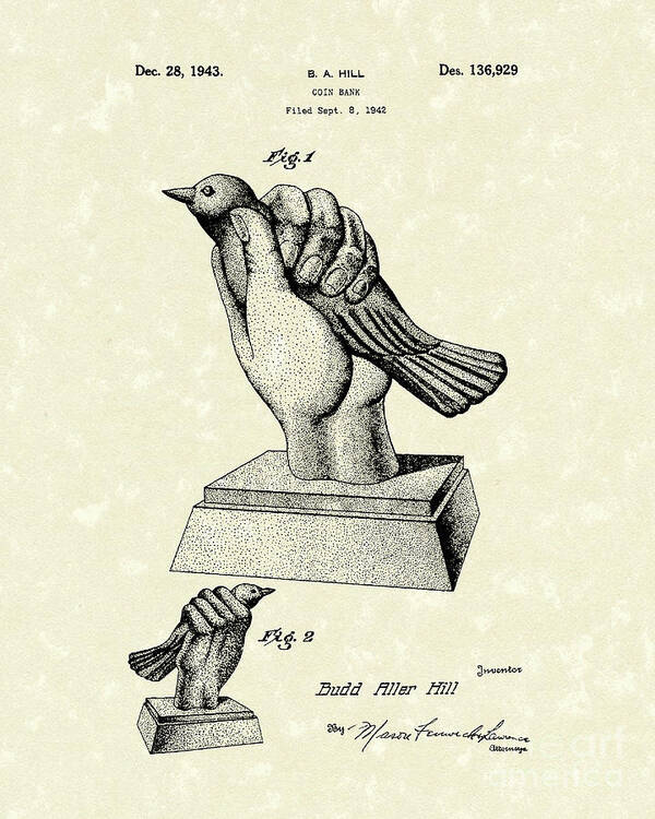 Bird Art Print featuring the drawing Bird in the Hand Coin Bank 1943 Patent Art by Prior Art Design