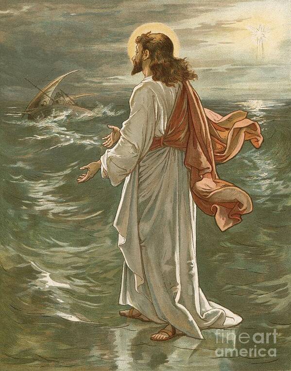 Bible; Jesus Christ; Walking On The Waters; Water; Sea Of Galilee; Storm; Waves Art Print featuring the painting Christ Walking on The Waters by John Lawson